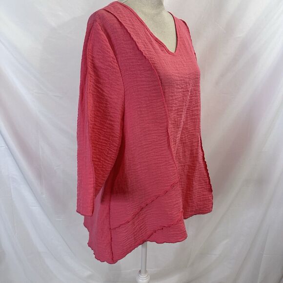 Lulu B Top Womens XL V Neck Top Tunic Lagenlook Crinkle Coral - Picture 3 of 6